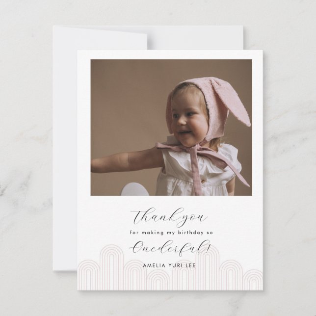 Pink Korean Dol first birthday photo thank you Card (Front)