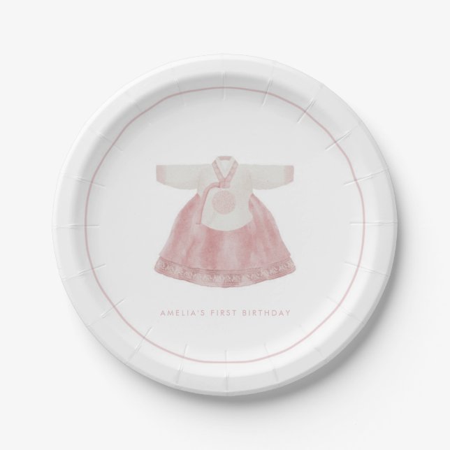Pink  Korean girl 1st birthday Doljanchi  Paper Plates (Front)