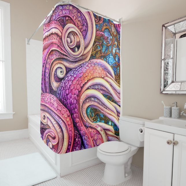 Pink Kraken Tentacles Octopus Shower Curtain (In Situ)