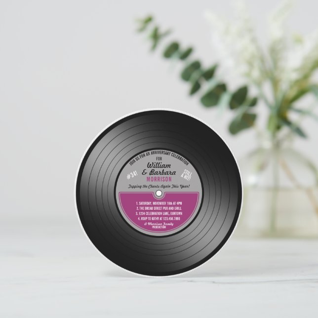 Pink Label Vinyl Record Anniversary Party Invitation (Standing Front)