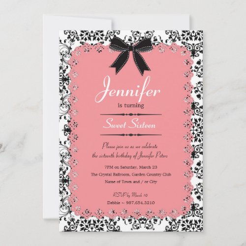 Pink Lace and Black &amp; White Damask Sweet 16 5x7 Custom Invitation