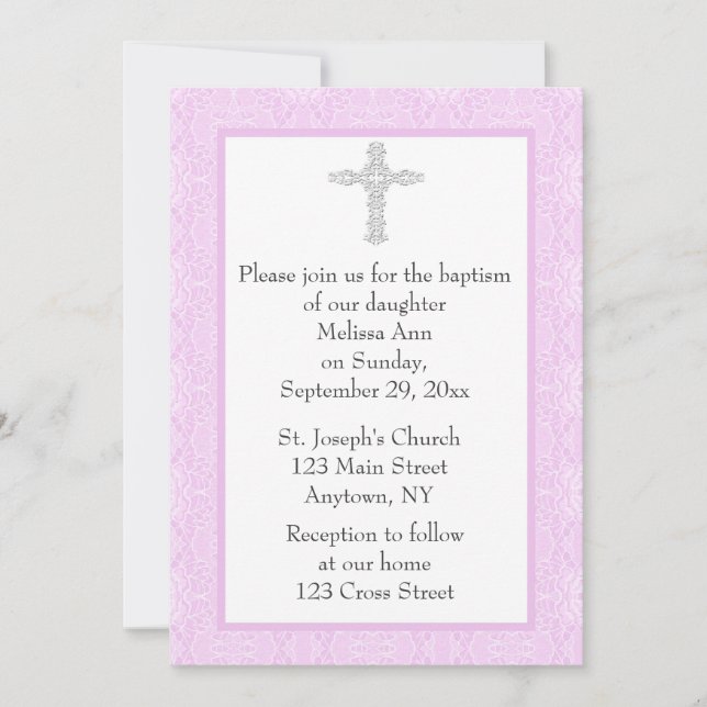 Pink Lace Baptism Christening Invitation (Front)