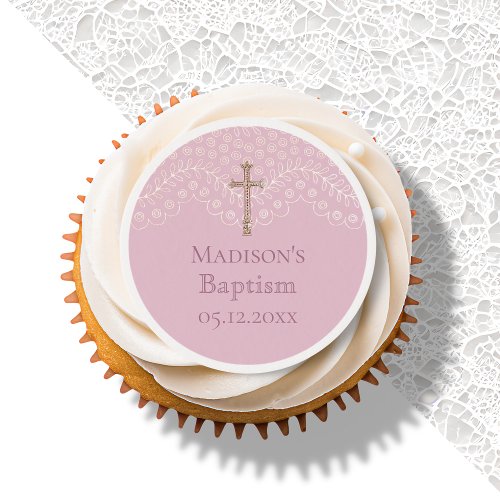 Pink Lace Baptism  Edible Frosting Rounds