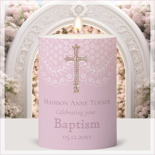 Pink Lace  Baptism Pillar Candle
