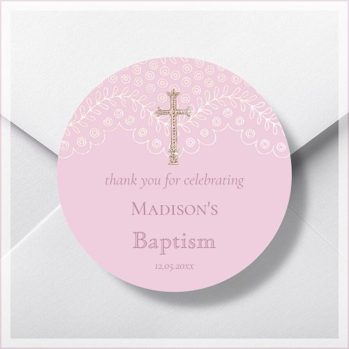 Pink Lace Baptism Thank You Classic Round Sticker