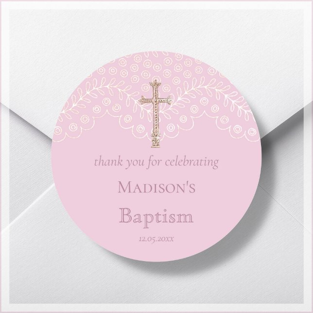 Pink Lace Baptism Thank You Classic Round Sticker (Creator Uploaded)