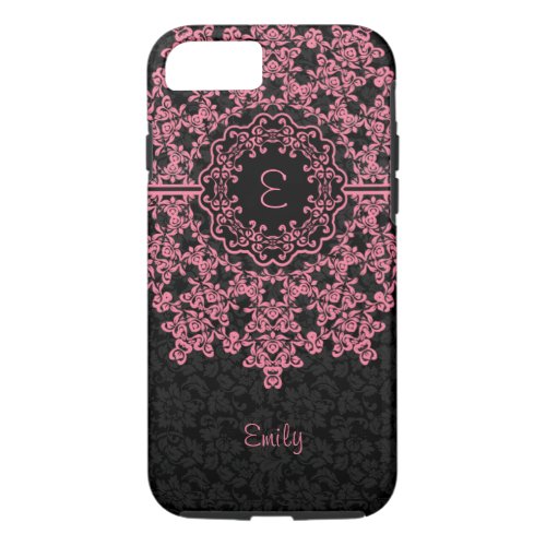 Pink Lace Black Damasks Monogramed iPhone 87 Case