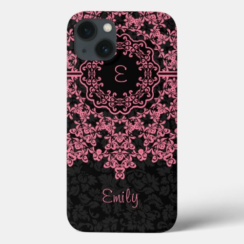 Pink Lace Black Damasks Monogramed iPhone 13 Case