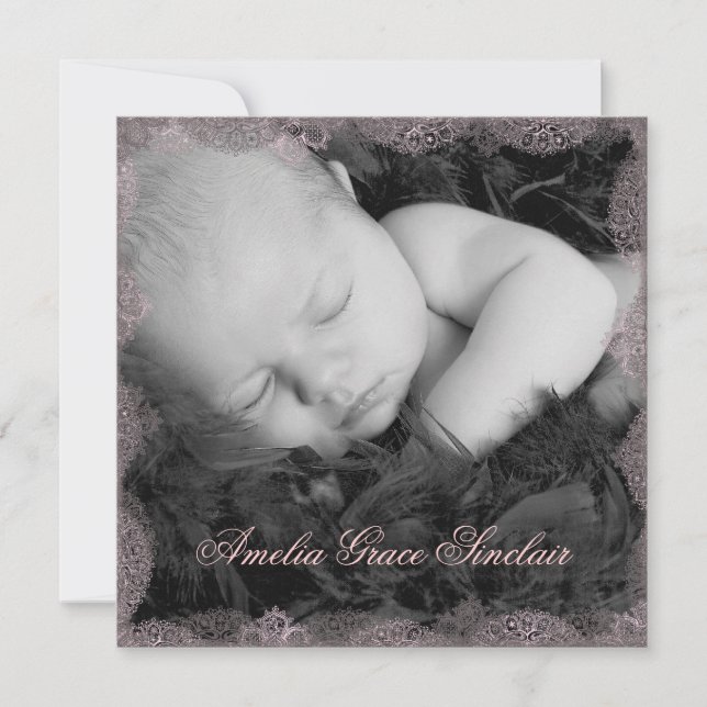 Pink Lace Black Vintage Photo Birth Announcement (Front)