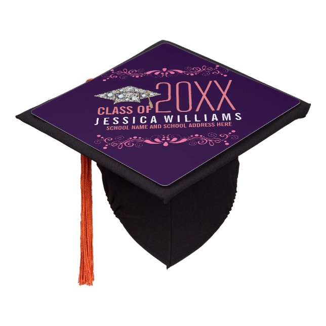Pink Lace & Bling Grad Hat On Purple (Angled)