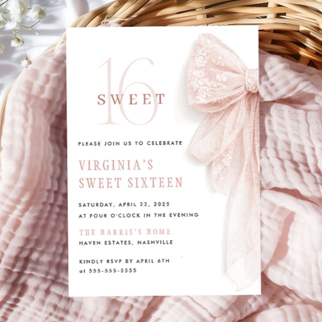 Pink Lace Bow Chic Sweet 16 Birthday Invitation (Creator Uploaded)