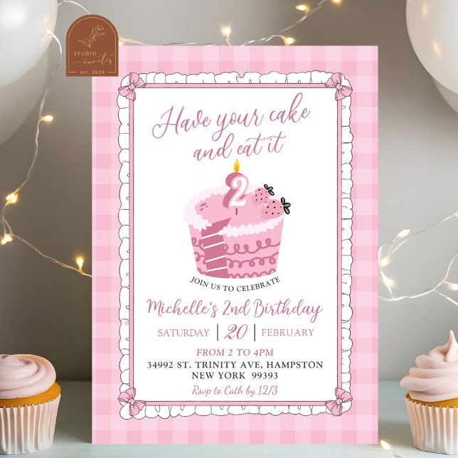 Pink Lace Bow Eat Your Cake And Eat It Birthday Invitation (Creator Uploaded)
