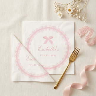 Pink Lace Bow First Birthday Girl Napkins