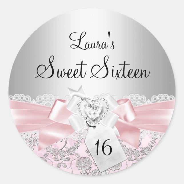 Pink Lace Bow & Floral Sweet 16 Sticker (Front)