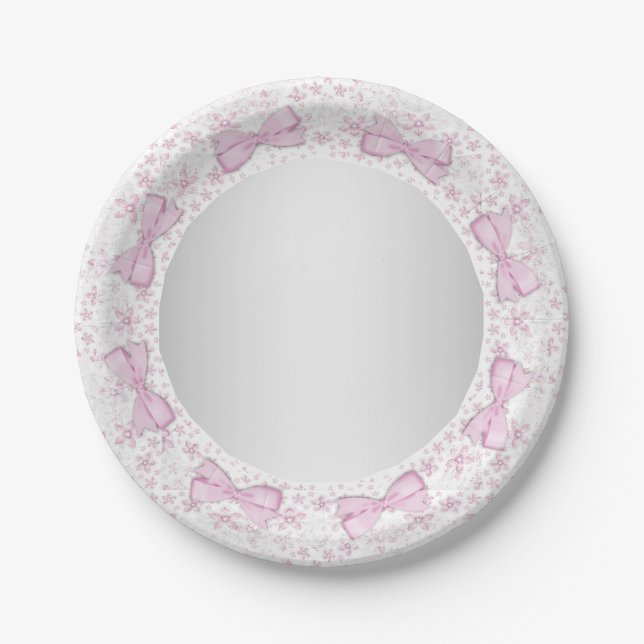 Pink Lace Bow Pink Gray Baby Shower Paper Plates (Front)