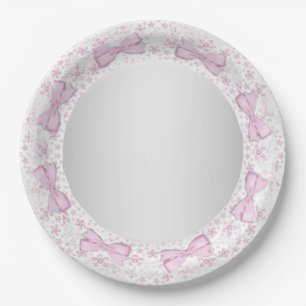 Pink Lace Bow Pink Gray Baby Shower Paper Plates