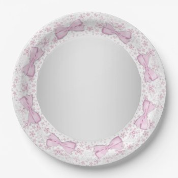 Pink Lace Bow Pink Gray Baby Shower Paper Plates by The_Vintage_Boutique at Zazzle