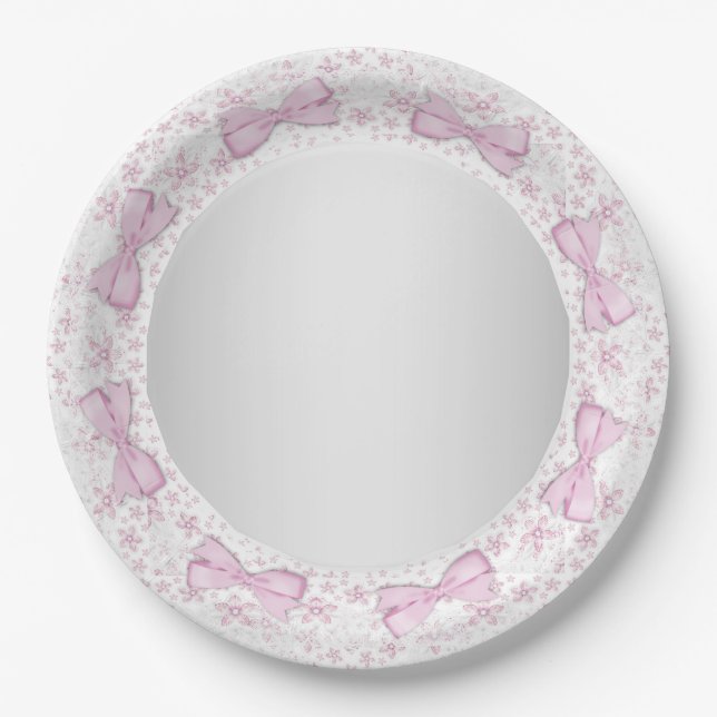 Pink Lace Bow Pink Gray Baby Shower Paper Plates (Front)