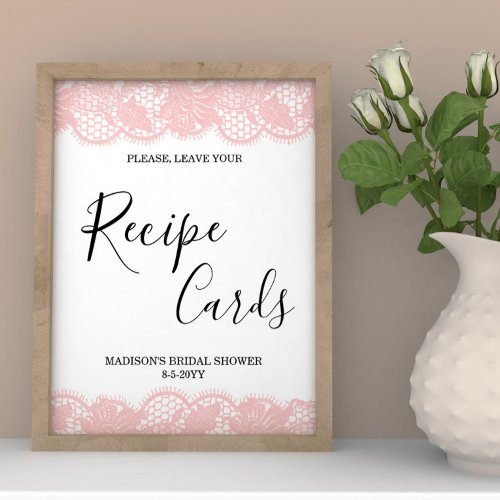 Pink Lace Bridal Shower Recipe Cards sign  