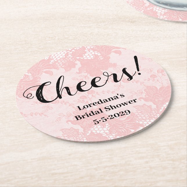 Pink Lace Bridal Shower Round Paper Coaster (Angled)