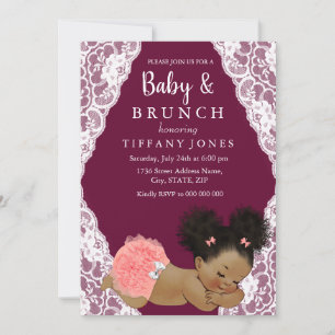 Pink Lace Burgundy Vintage Baby Shower Brunch Invitation