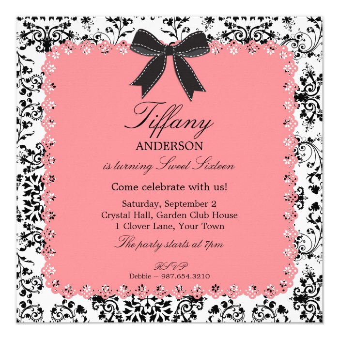 Pink Lace & BW Damask with Bow Sweet 16 Invitations