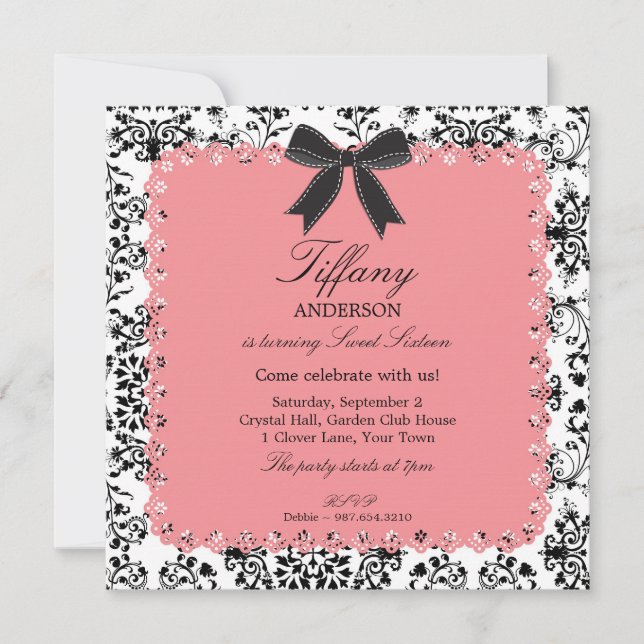 Pink Lace & BW Damask with Bow Sweet 16 Invitation (Front)