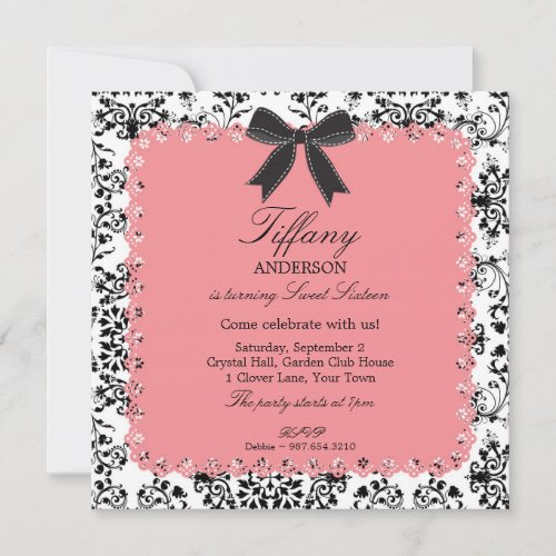 Pink Lace &amp; BW Damask with Bow Sweet 16 Invitations