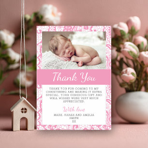 Pink Lace Christening Thank You Card - Baby Girl