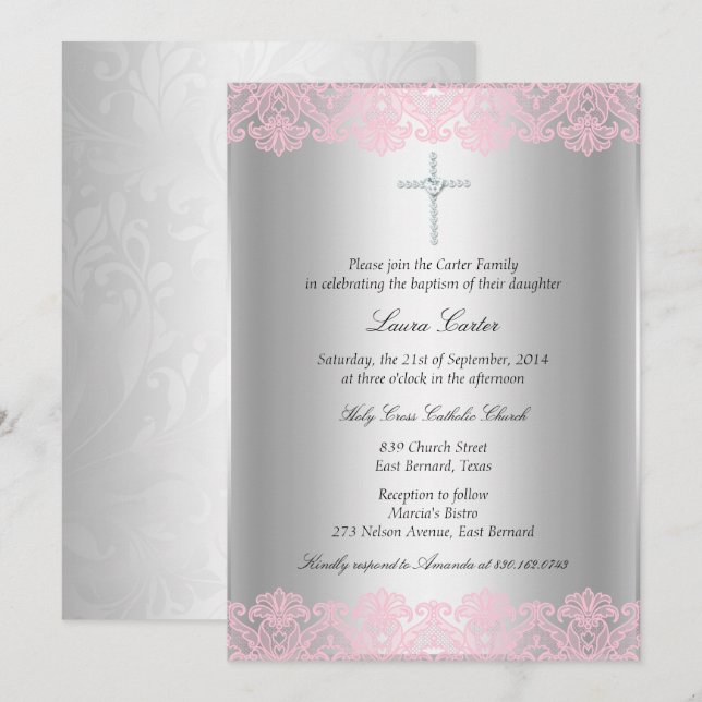 Pink Lace & Cross Baptism/Christening Invitation (Front/Back)
