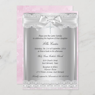 Pink Lace Cross Baptism/Christening Invitation