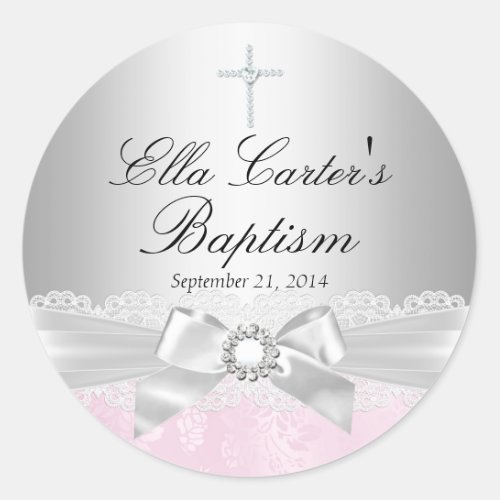 Pink Lace  Cross Baptism Sticker