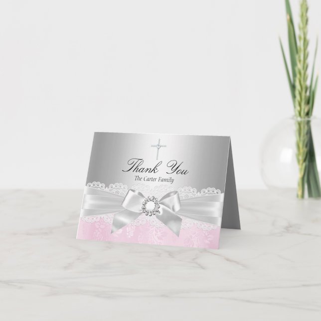 Pink Lace & Cross Baptism Thank You Card (Front)
