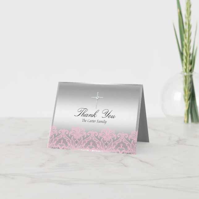 Pink Lace & Cross Baptism Thank You Card (Front)