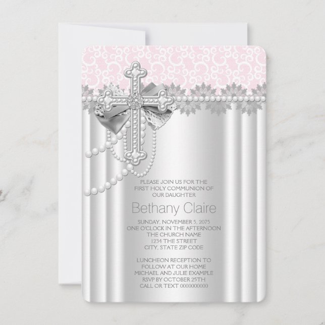 Pink Lace Cross First Communion Invitation (Front)