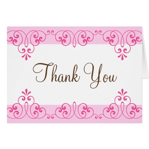 Pink lace damask borders thank you greeting card | Zazzle