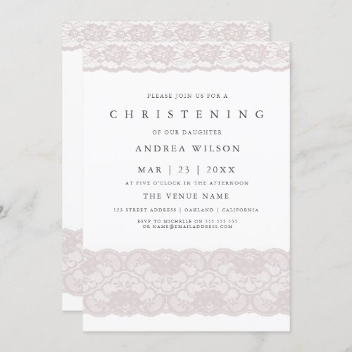 Pink Lace Elegant Baby Girl Christening Invite