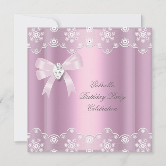 Pink Lace Elegant Birthday Party Diamond Bow Invitation (Front)