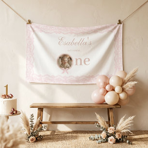 Pink Lace First Birthday Photo Girl Banner