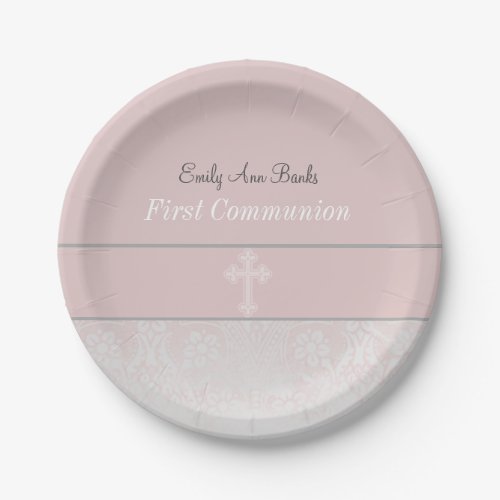 Pink Lace First Communion Paper Plates