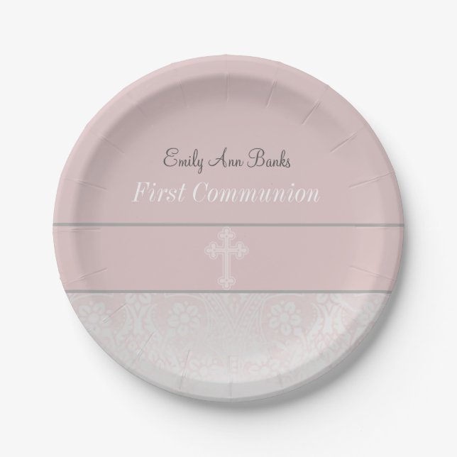 Pink Lace First Communion Paper Plates (Front)