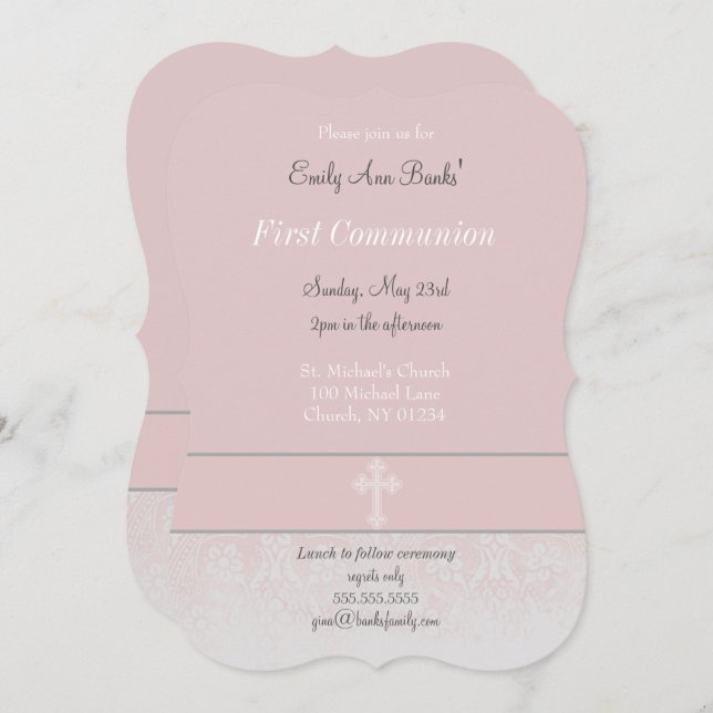 Pink Lace First Holy Communion Invitation (Front/Back)