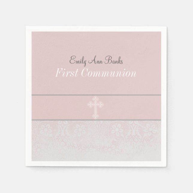 Pink Lace First Holy Communion Paper Napkins (Front)