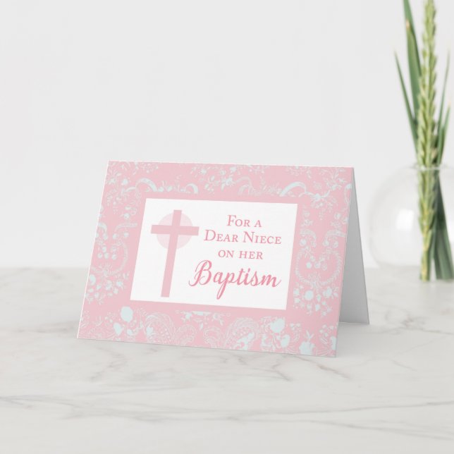 Pink Lace Girl Baptism Card (Front)