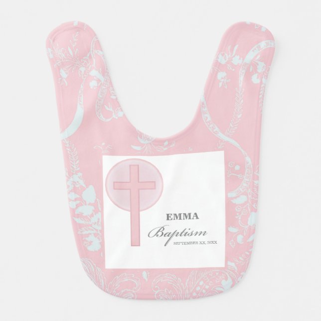 Pink Lace Girl Baptism Personalized Baby Bib (Front)