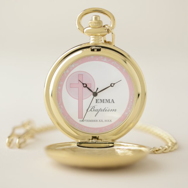 Pink Lace Girl Baptism Personalized Pocket Watch (Inside)