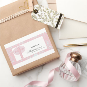 Pink Lace Girl Baptism Personalized Rectangular Sticker