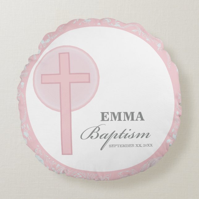 Pink Lace Girl Baptism Personalized Round Pillow (Front)