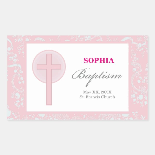 Pink Lace Girl Baptism Rectangular Sticker (Front)