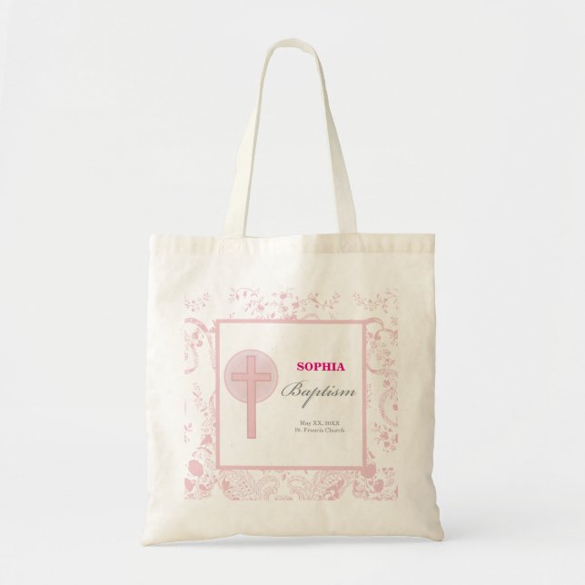 Pink Lace Girl Baptism Tote Bag (Front)